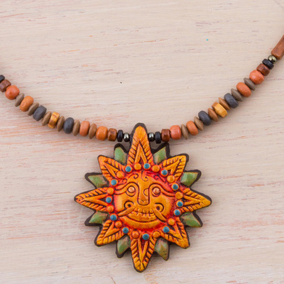 Halskette mit Keramikanhänger - inka-Sonnen-Halskette aus 925er Sterlingsilber und Keramik aus Peru