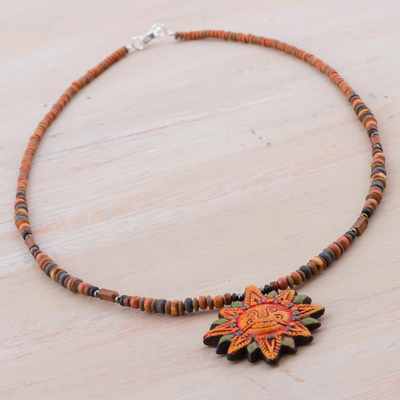Ceramic pendant necklace, 'Incan Sun God' - 925 Sterling Silver and Ceramic Inca Sun Necklace from Peru