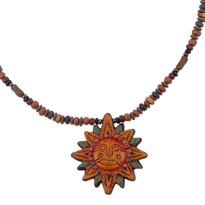 Ceramic pendant necklace, 'Incan Sun God' - 925 Sterling Silver and Ceramic Inca Sun Necklace from Peru