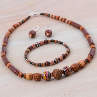 Ceramic jewelry set, 'Mountain Force' - Sterling Silver and Ceramic Brown Jewelry Set from Peru