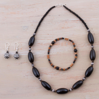 Ceramic jewelry set, 'Mountain Lady' - Black Sterling Silver and Ceramic Jewelry Set from Peru