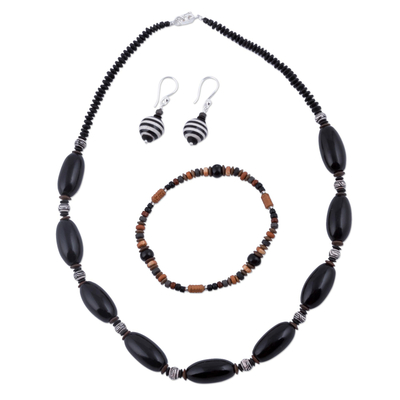 Black Sterling Silver and Ceramic Jewelry Set from Peru