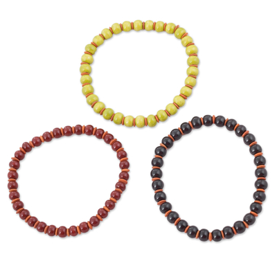 Ceramic beaded stretch bracelets, 'Autumn Spirit' (set of 3) - Three Ceramic Bracelets in Chartreuse Russet and Black
