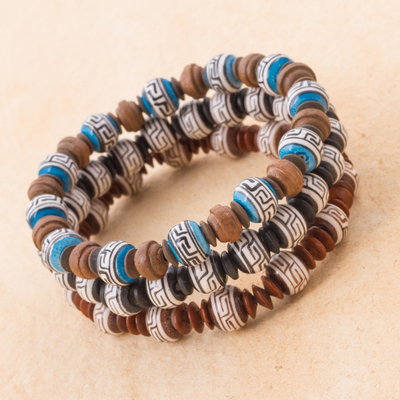 Ceramic beaded stretch bracelets, 'Andean Fortress' (set of 3) - Three Ceramic Beaded Bracelets in Blue and Brown and Black