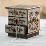 Reverse painted glass jewelry chest, 'Colonial Sunflower' - Reverse Painted Glass Jewelry Box in Off White from Peru
