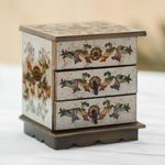 Reverse painted glass jewelry chest, 'Colonial Sunflower' - Reverse Painted Glass Jewelry Box in Off White from Peru