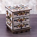 Reverse painted glass jewelry chest, 'Colonial Sunflower' - Reverse Painted Glass Jewelry Box in Off White from Peru