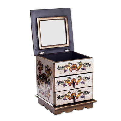Reverse painted glass jewelry chest, 'Colonial Sunflower' - Reverse Painted Glass Jewelry Box in Off White from Peru