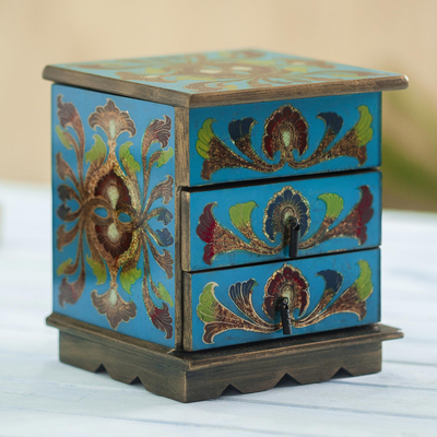 Reverse painted glass decorative chest, 'Joyous Blue Enchantment' - Blue Reverse Painted Glass Decorative Chest from Peru