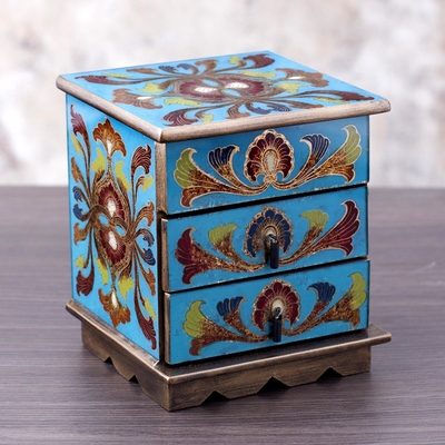 Reverse painted glass decorative chest, 'Joyous Blue Enchantment' - Blue Reverse Painted Glass Decorative Chest from Peru