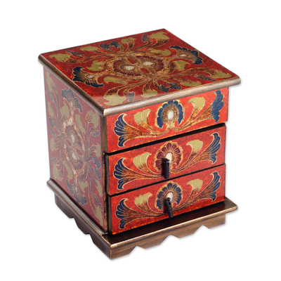Reverse painted glass decorative chest, 'Joyous Red Enchantment' - Reverse Painted Glass Decorative Chest in Red from Peru