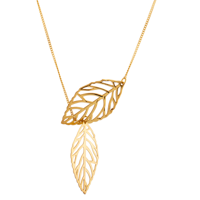 Gold plated sterling silver lariat necklace, 'Freedom of the Wind' - 18k Gold Plated Sterling Silver Leaf Necklace from Peru