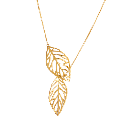 Gold plated sterling silver lariat necklace, 'Freedom of the Wind' - 18k Gold Plated Sterling Silver Leaf Necklace from Peru