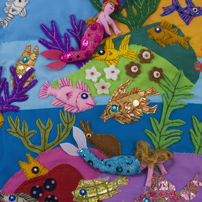 Cotton blend patchwork wall hanging, 'Coral Mermaids' - Cotton Blend Patchwork Sea Life Wall Hanging from Peru