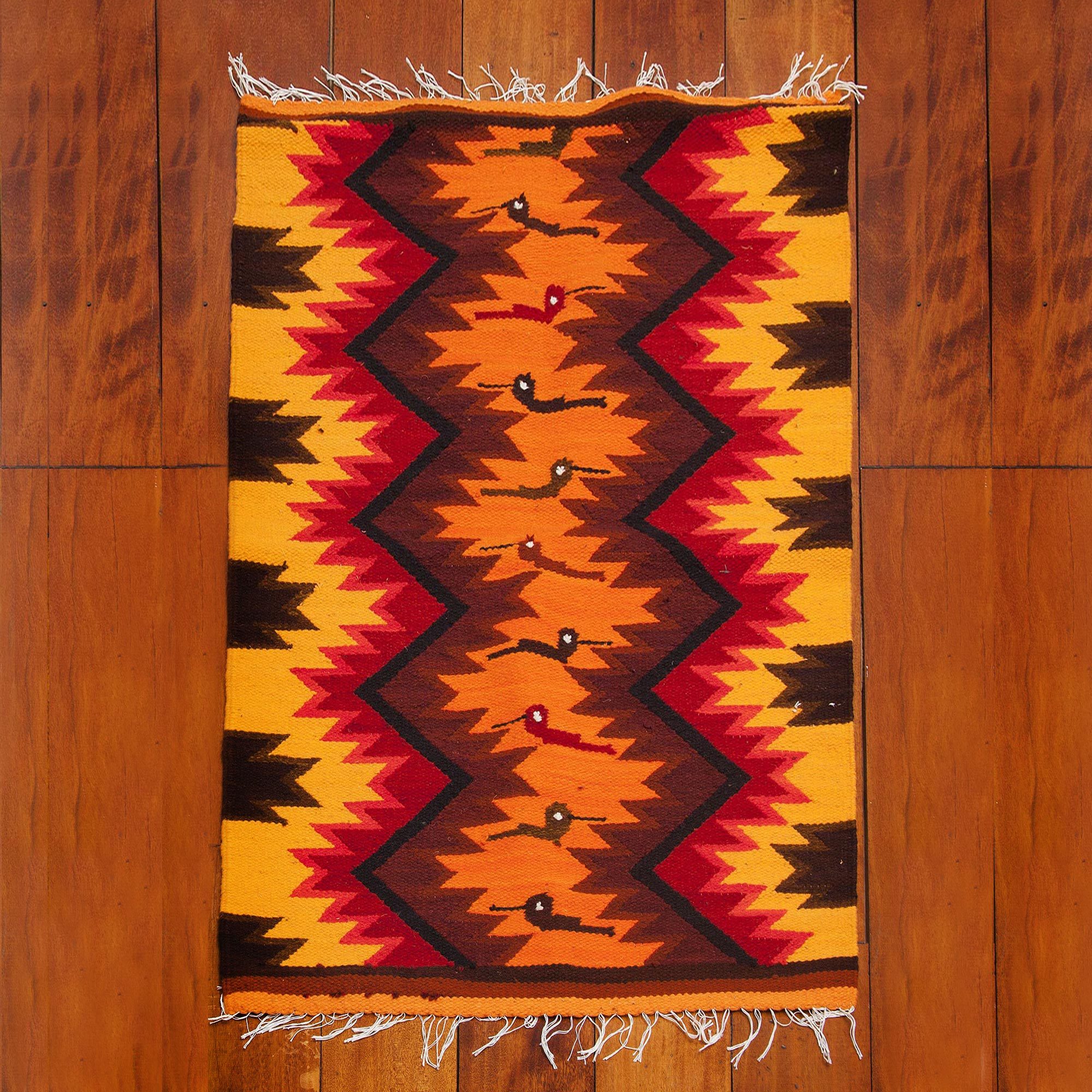Handwoven Geometric Bird Themed 2x3 Wool Area Rug From Peru Handwoven Geometric Bird Themed 2x3 Wool Area Rug From Peru Hummingbird Path