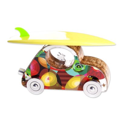 Wood and aluminum sculpture, 'Trip to the Beach' - Signed Wood and Aluminum Car Sculpture from Peru