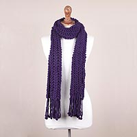 100% alpaca scarf, 'Wavy Chic' - Hand Knit 100% Alpaca Scarf in Blue-Violet from Peru
