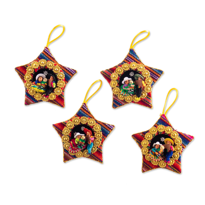 Cotton blend ornaments, 'Nativity Flutes' (set of 4) - Four Cotton Blend Nativity Scene Star Ornaments from Peru
