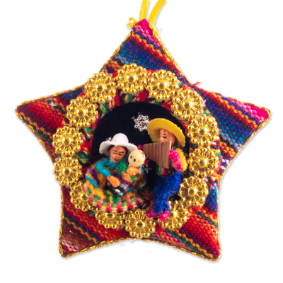 Cotton blend ornaments, 'Nativity Flutes' (set of 4) - Four Cotton Blend Nativity Scene Star Ornaments from Peru