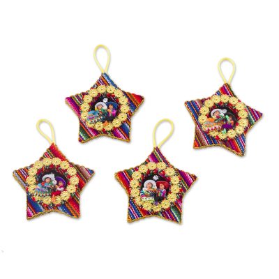 Cotton blend ornaments, 'Colorful Nativity' (set of 4) - Four Cotton Blend Nativity Scene Star Ornaments from Peru