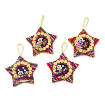 Four Cotton Blend Nativity Scene Star Ornaments from Peru