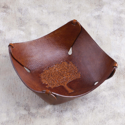 Leather catchall, 'Tree of Life' - Tree of Life Artisan Crafted Tooled Leather Catchall