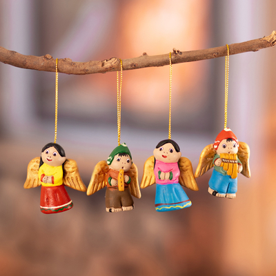 Ceramic ornaments, 'Sweet Angels' (set of 4) - Set of Four Handcrafted Ceramic Angel Ornaments from Peru