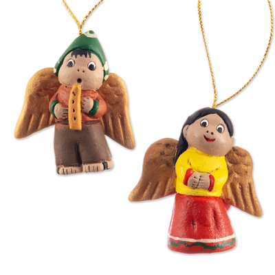 Adornos de cerámica (juego de 4) - Conjunto de cuatro adornos de ángeles de cerámica hechos a mano de Perú