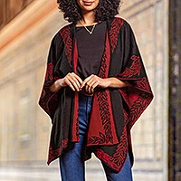 Alpaca blend ruana, 'Rose Attraction' - Black and Red Reversible Alpaca Blend Ruana from Peru