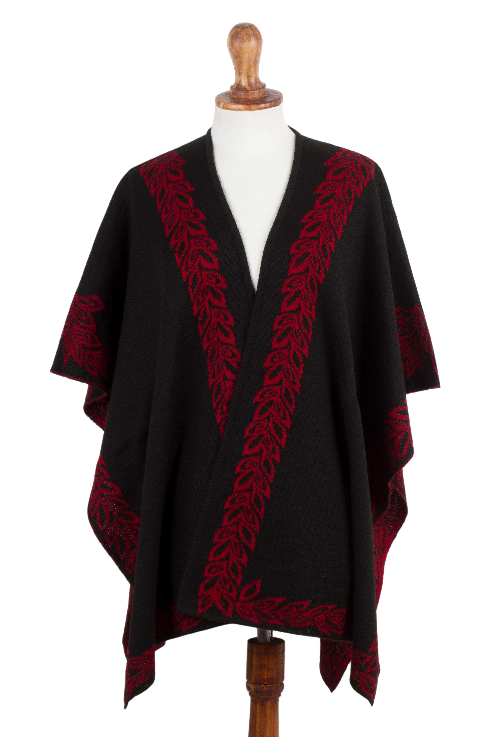 Black and Red Reversible Alpaca Blend Ruana from Peru - Rose Attraction ...