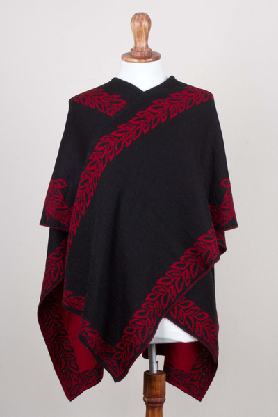 Black and Red Reversible Alpaca Blend Ruana from Peru - Rose Attraction ...