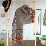 Alpaca blend shawl, 'Geometric Andes' - Alpaca Blend Geometric Shawl in Brick and Slate from Peru