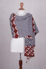 Alpaca blend shawl, 'Geometric Andes' - Alpaca Blend Geometric Shawl in Brick and Slate from Peru