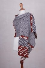 Alpaca blend shawl, 'Geometric Andes' - Alpaca Blend Geometric Shawl in Brick and Slate from Peru