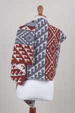 Alpaca blend shawl, 'Geometric Andes' - Alpaca Blend Geometric Shawl in Brick and Slate from Peru