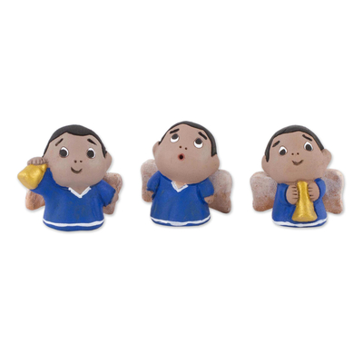 Ceramic figurines, 'Little Angel Musicians' (set of 3) - Petite Ceramic Angel Figurines in Blue Robes (Set of 3)