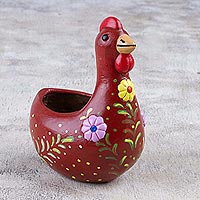 Keramikskulptur „Songs of Dawn“ – Handgefertigte Hühnerskulptur aus roter Keramik aus Peru