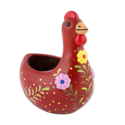 Ceramic sculpture, 'Songs of Dawn' - Handcrafted Red Ceramic Chicken Sculpture from Peru