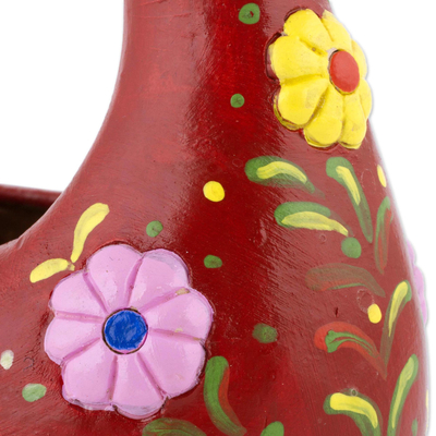 Escultura de cerámica - Escultura de pollo de cerámica roja hecha a mano de Perú