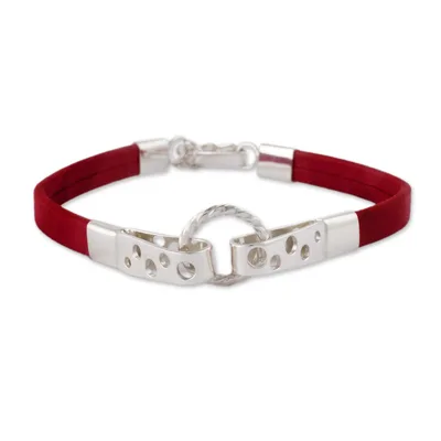 Leather and sterling silver wristband bracelet, 'Modern Attraction' - Crimson Leather and 925 Sterling Silver Wristband Bracelet