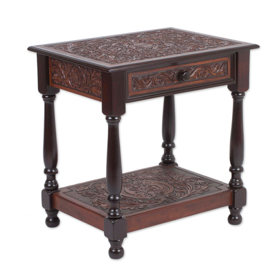 Leather and Wood End Table with Floral Motifs from Peru