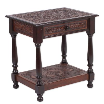 Wood and leather accent table, 'Colonial Wind' - Wood and Leather Accent Floral End Table from Peru