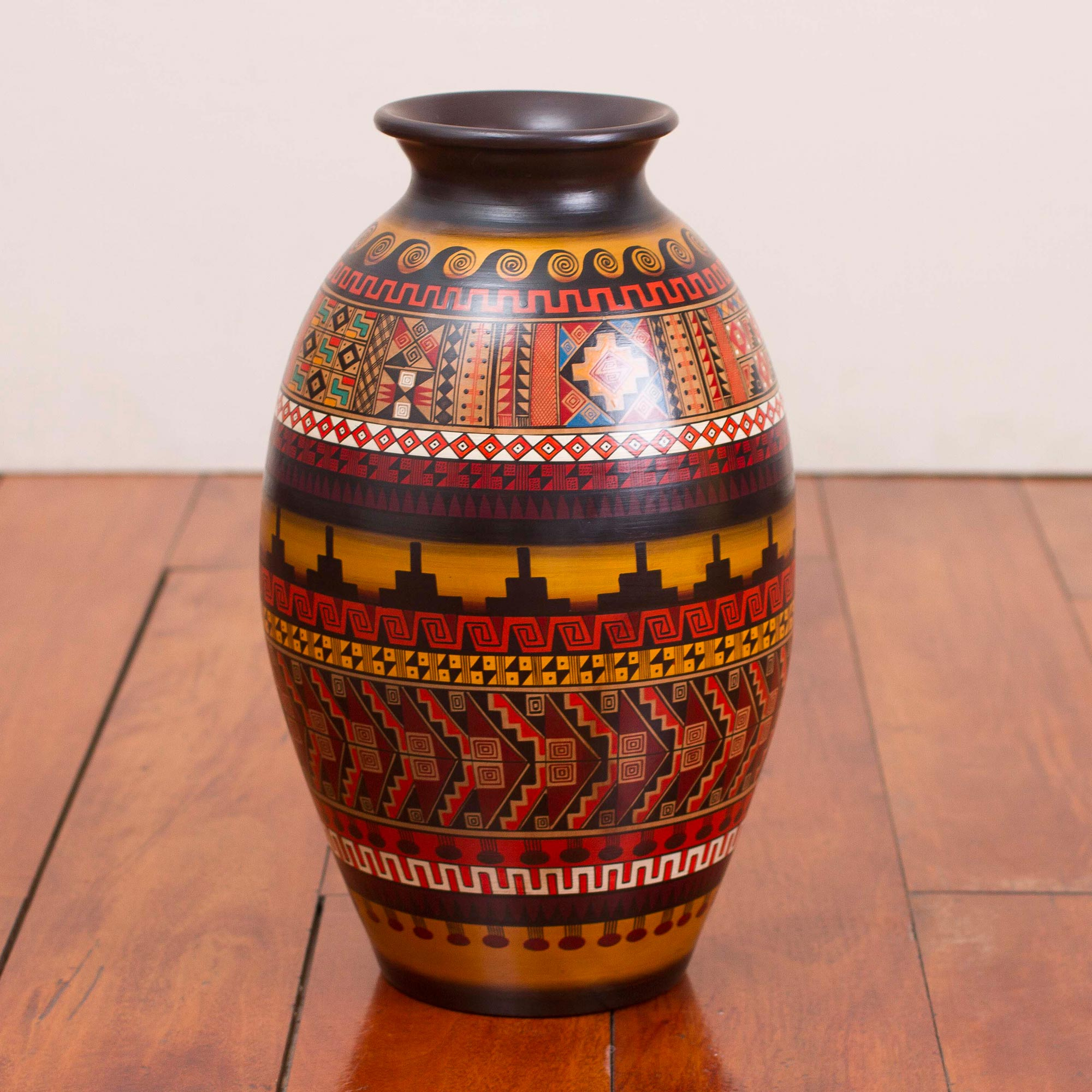 Handcrafted Geometric Decorative Inca Vase from Peru - Golden Inca | NOVICA