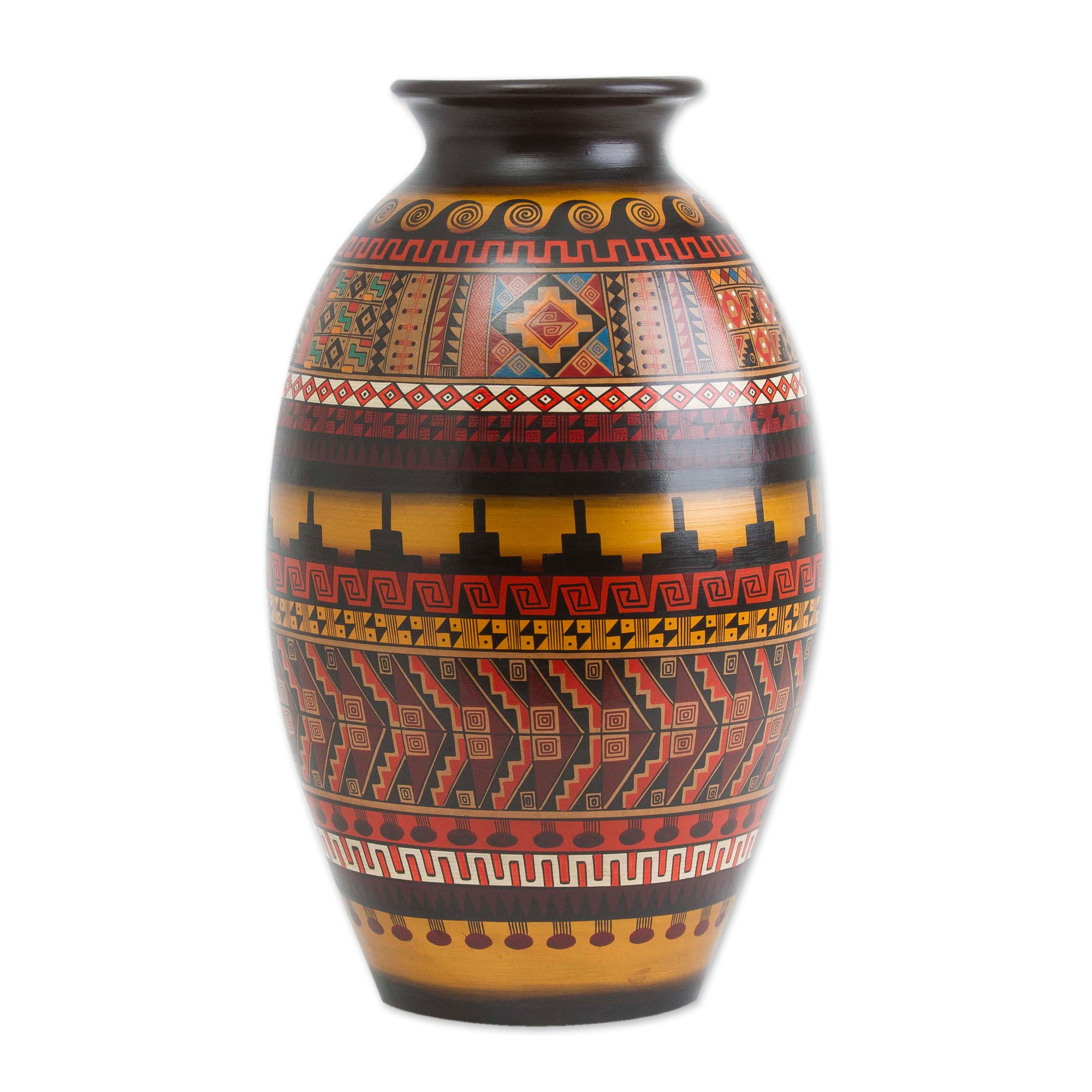 Handcrafted Geometric Decorative Inca Vase from Peru - Golden Inca | NOVICA