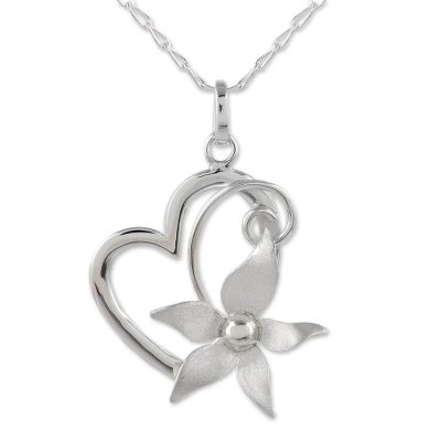 Sterling silver heart pendant necklace, 'Flowering Rapture' - 925 Sterling Silver Floral Heart Pendant Necklace from Peru