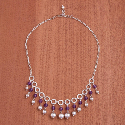 Amethyst waterfall necklace, 'Queen Beads' - Amethyst and Sterling Silver Waterfall Necklace from Peru