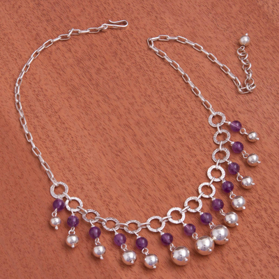 Amethyst waterfall necklace, 'Queen Beads' - Amethyst and Sterling Silver Waterfall Necklace from Peru
