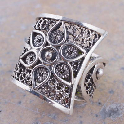 Sterling silver filigree band ring, 'Magical Flower Vine' - Sterling Silver Floral Filigree Band Ring from Peru