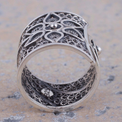 Sterling silver filigree band ring, 'Magical Flower Vine' - Sterling Silver Floral Filigree Band Ring from Peru