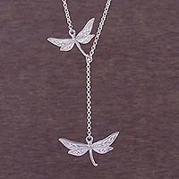 Sterling silver Y-necklace, 'Chasing Dragonflies' - Sterling Silver Dragonfly Y-Necklace from Peru